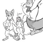  blush canine clothing cotton_tail disney duo female fox fur glacierclear half-closed_eyes inner_ear_fluff judy_hopps lagomorph long_ears male mammal monochrome necktie nick_wilde paws predator/prey rabbit size_difference smile surprise tall teeth zootopia 