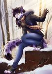  4_toes 5_fingers anthro black_hair clothed clothing day detailed_background digitigrade feline female fur hair ketty-leopardess leopard mammal orange_eyes outside pink_nose smile solo toes white_fur 