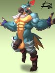  anthro avian balls beak bird breath_of_the_wild clothed clothing feathers half-erect humanoid_penis kass_(zelda) male muscular muscular_male navel nintendo pants_down parrot partially_clothed pecs penis reclamon smile solo spread_arms talons the_legend_of_zelda thick_penis topless vein veiny_penis video_games 