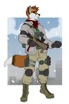  anthro canine clothed clothing faint fox fur gun hair male mammal outside ranged_weapon rifle smile snow solo standing weapon 