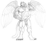  5_fingers 5_toes abs avian balls biceps big_penis chest_tuft claws erection gryphon male muscular navel nipples pecs penis salamander_(artist) solo toes tuft wings 
