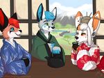  ambiguous_gender anthro apes beverage canine clothed clothing ear_piercing fox fur group hair japanese_clothing kimono male mammal piercing sitting smile tea 