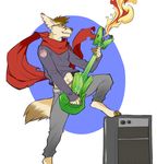  anthro canine clothed clothing eyewear faint fangs glasses guitar male mammal musical_instrument smile solo standing teeth 