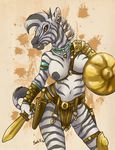  2017 anthro armor barbarian belt breasts caribou_(artist) clothed clothing dagger equine female invalid_tag jewelry knife mammal melee_weapon navel necklace nipples scared shield skimpy solo stripes sword unconvincing_armor warrior weapon zebra 