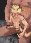  2boys anal bruises drooling happy_sex junkrat_(overwatch) male_focus multiple_boys overwatch roadhog_(overwatch) saliva sex sitting size_difference yaoi 