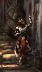  4_toes 5_fingers african_wild_dog anthro barefoot canine clothed clothing dagger day detailed_background digitigrade ear_piercing holding_object holding_weapon male mammal melee_weapon outside piercing solo standing toes topless water waterfall weapon wolnir 