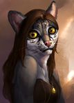  anthro black_lips breasts brown_hair clothed clothing feline female fur grey_fur hair looking_at_viewer mammal ocelot pink_nose simple_background whiskers wolnir yellow_eyes 