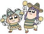 2girls :3 alternate_hair_color arm_up bangs bkub blue_eyes blue_hair blush blush_stickers brown_cloak brown_footwear brown_hat brown_pants cloak commentary dot_nose eyebrows_visible_through_hair gloves green_cloak green_hat hat holding holding_instrument instrument light_brown_hair long_hair maracas multiple_girls pants pipimi poncho poptepipic popuko shirt shoes short_hair sidelocks simple_background sleeves_folded_up sombrero two_side_up white_background white_gloves white_shirt yellow_eyes 