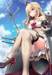  blonde_hair blue_eyes braid breasts cloud cloudy_sky crossed_legs crown day dress french_braid from_below garter_straps hairband half_updo high_heels highres holding jewelry kantai_collection kase_daiki long_hair machinery medium_breasts mini_crown necklace outdoors sitting sky solo thighhighs warspite_(kantai_collection) 