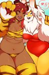  2017 animal_humanoid anthro big_feet breasts brown_fur buckteeth chest_tuft cleavage clothed clothing dark_skin eyes_closed fangs feline female fur hair humanoid lagomorph long_hair makeup mammal navel panties rabbit red_hair red_lips redrabbu slightly_chubby smile standing stripes teeth thick_thighs tiger tiger_humanoid tongue tuft under_boob underwear white_fur white_hair yellow_fur 