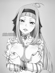  1girl angel_(fairy_tail) armlet artist_name arya-aiedail bangs blunt_bangs bracelet breasts cleavage collarbone covering covering_one_breast earrings fairy_tail grey_background greyscale hairband jewelry large_breasts long_hair looking_at_viewer monochrome necklace nude parted_lips ring shiny shiny_hair solo upper_body 
