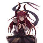  absurdres asymmetrical_horns bangs black_skirt blue_eyes blurry breasts claws corset depth_of_field dragon_horns dragon_tail elizabeth_bathory_(fate) elizabeth_bathory_(fate)_(all) fate/extra fate/extra_ccc fate_(series) highres horns long_hair looking_at_viewer pink_hair pointy_ears simple_background skirt small_breasts smile solo tail white_background yatsuka_(846) 