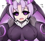  1girl azure_striker_gunvolt black_sclera bodysuit breasts elise_(gunvolt) kuro_mushi large_breasts looking_at_viewer open_mouth purple_eyes purple_hair short_hair skin_tight 