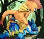  2016 anal anal_penetration anthro balls digital_media_(artwork) duo erection forest frogalier male male/male nintendo open_mouth penetration penis pok&eacute;mon scarfty sex simple_background siriuswolfus smile tongue tree video_games 