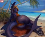  2019 beach bikini blonde_hair breasts butt claws clothing detailed_background digital_media_(artwork) fish hair looking_at_viewer lying marine on_side orange_eyes presenting presenting_hindquarters reclining seaside shark side_boob signature smile solo swimsuit totesfleisch8 two_piece_bikini wet 