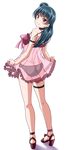  ankle_strap arm_strap ass back bangs blue_hair blush bow bracelet choker commentary_request frills from_behind full_body high_heels highres jewelry legs lingerie long_hair looking_at_viewer looking_back love_live! love_live!_sunshine!! nightgown panties pink_bow purple_eyes sandals see-through side_bun skirt_hold smile solo thigh_strap tsushima_yoshiko underwear yopparai_oni 