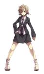  1girl black_jacket black_neckwear black_skirt blush brown_eyes brown_hair danganronpa full_body genderswap genderswap_(mtf) hair_between_eyes hand_in_pocket highres jacket kuzuryuu_fuyuhiko long_sleeves looking_at_viewer miniskirt necktie open_clothes open_jacket print_neckwear shiny shiny_hair shirt short_hair simple_background skirt solo standing striped super_danganronpa_2 takamiya_ren v-shaped_eyebrows vertical-striped_jacket vertical-striped_skirt vertical_stripes white_background white_footwear white_shirt 