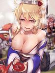  alcohol aquila_(kantai_collection) bad_id bad_pixiv_id bare_shoulders blonde_hair blurry breasts breath cleavage depth_of_field drunk furisode headgear iowa_(kantai_collection) japanese_clothes kantai_collection kimono large_breasts multiple_girls off_shoulder onboro_(clunker) open_clothes open_kimono orange_eyes pola_(kantai_collection) sake saucer solo_focus star star-shaped_pupils sweat symbol-shaped_pupils 