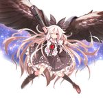  1girl ;d alternate_hair_color arm_cannon arm_up bird_wings black_bow black_skirt black_wings blame! bow commentary_request dress_shirt feathered_wings frilled_shirt_collar frills full_body grin hair_between_eyes hair_bow highres logo long_hair looking_at_viewer neko_senshi one_eye_closed open_mouth petticoat puffy_short_sleeves puffy_sleeves radiation_symbol red_eyes reiuji_utsuho shirt short_sleeves skirt smile solo third_eye toha_heavy_industries touhou v-shaped_eyebrows very_long_hair weapon white_hair white_shirt wings 