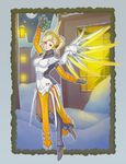  arm_up blonde_hair blue_eyes bodysuit border breasts brown_legwear building christmas christmas_tree faulds floating frame full_body full_moon glowing glowing_wings grey_border hair_tie high_ponytail highres holding leg_up light_smile looking_at_viewer mechanical_halo mechanical_wings medium_breasts mercy_(overwatch) mistletoe moon night night_sky nose outdoors overwatch pantyhose parted_lips pelvic_curtain polkin pose sky snow solo spread_wings window wings yellow_wings 