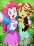  2girls arm_around_shoulder blonde_hair blue_eyes cyan_eyes green_eyes long_hair multiple_girls my_little_pony my_little_pony_equestria_girls my_little_pony_friendship_is_magic personification pink_hair pink_skin pinkie_pie red_hair self_shot sunset_shimmer tagme two-tone_hair uotapo yellow_skin 