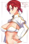  arm_at_side blue_eyes blush boudica_(fate/grand_order) breasts cleavage cleavage_cutout fate/grand_order fate_(series) from_side hand_on_hip isshiki_(ffmania7) juliet_sleeves large_breasts long_sleeves midriff navel ponytail puffy_sleeves red_hair short_hair short_ponytail shrug_(clothing) signature sketch smile solo twitter_username upper_body 