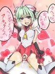  1girl azure_striker_gunvolt azure_striker_gunvolt_2 beruzumi-m blush cum cum_in_pussy elbow_gloves gloves green_hair headgear heart heart-shaped_pupils purple_eyes roro_(gunvolt) short_hair smile solo_focus thighhighs translation_request 