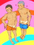  2boys abs barefoot blush boxers full_body male_focus multiple_boys muscle nipples pecs smile torte_(triggerhappy) underwear undressing 