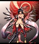  absurdres armor bikini_armor black_hair breasts chinese_zodiac choker cleavage collarbone earrings elf frofrofrost full_body groin highres holding holding_sword holding_umbrella holding_weapon jewelry katana large_breasts long_hair midriff navel necklace oriental_umbrella original pointy_ears red_eyes sheath sheathed solo standing stomach sword umbrella underboob very_long_hair weapon year_of_the_rooster 