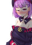  bare_shoulders beret blush detached_sleeves fate/grand_order fate_(series) hat helena_blavatsky_(fate/grand_order) highres purple_eyes purple_hair ru2n131 short_hair simple_background solo sweatdrop white_background 