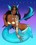  2016 amber_eyes black_hair black_skin blue_skin breasts cleavage clothed clothing dark_skin ear_piercing female hair jewelry long_hair looking_away makeup marine merfolk necklace overwatch piercing pointy_ears red_lips redrabbu solo symmetra_(overwatch) video_games 