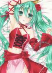  1girl arm_ribbon arm_up armpits asymmetrical_sleeves blush bow breasts chains choker cleavage collarbone crown detached_sleeves flower frilled_sleeves frills from_above fujiwara_minaho green_eyes green_hair hair_between_eyes hair_flower hair_ornament hatsune_miku long_hair long_sleeves looking_at_viewer lying marker_(medium) medium_breasts midriff navel on_back open_mouth red_bow red_flower red_ribbon red_rose red_sleeves ribbon ribbon_choker rose shiny shiny_hair sideboob single_sleeve solo stomach traditional_media twintails very_long_hair vocaloid watermark 