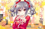  blurry blush commentary_request depth_of_field drill_hair highres idolmaster idolmaster_cinderella_girls index_finger_raised kanzaki_ranko koi_dance long_hair looking_at_viewer red_eyes silver_hair smile solo sweater twin_drills twintails urabi_(tomatohouse) 