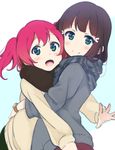  :d bad_id bad_pixiv_id bangs black_hair black_scarf blue_eyes casual highres hug icehotmilktea jacket kurosawa_dia kurosawa_ruby light_blush looking_at_viewer love_live! love_live!_sunshine!! mole mole_under_mouth multiple_girls open_mouth red_hair scarf siblings sisters smile striped striped_scarf two_side_up watch wristwatch 