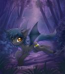  bat_pony blue_hair brown_eyes cutie_mark detailed_background eyelashes fan_character female feral forest fur grey_fur hair hooves imanika mammal membranous_wings my_little_pony nude outside solo tree wings 