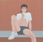  1boy as brown_eyes brown_hair bulge crotch male_focus muscle original shoes short_hair siroki sitting solo 