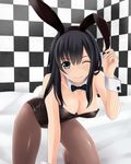  animal_ears black_hair blue_eyes bow bowtie breasts bunny_ears bunny_tail bunnysuit checkered checkered_background checkered_wall cleavage detached_collar leaning_forward long_hair looking_at_viewer medium_breasts nonaka_ritsu one_eye_closed original pantyhose smile solo tail wrist_cuffs 
