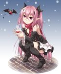  black_dress black_footwear boots closed_mouth detached_sleeves dress eyebrows_visible_through_hair fang_out flat_chest full_body hair_between_eyes hair_ornament high_heel_boots high_heels holding krul_tepes kyuutou_(kyuutouryuu) long_hair looking_at_viewer outdoors owari_no_seraph pink_hair pointy_ears red_eyes red_scarf scarf short_dress sleeveless sleeveless_dress smile solo squatting thighhighs two_side_up very_long_hair 