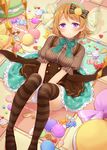  between_legs black_legwear blush bow bowtie brown_hair candy cupcake dress food frilled_sleeves frills gloves green_bow green_neckwear hair_bow hairband hand_between_legs hazuki_natsu heart koizumi_hanayo lollipop looking_at_viewer love_live! love_live!_school_idol_project lying macaron mary_janes on_back pinafore_dress pinstripe_pattern purple_eyes shoes short_hair solo striped striped_bow striped_legwear striped_neckwear underbust vertical-striped_blouse white_gloves 