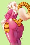  2017 anthro butt buxbi buxbi_(character) clothed clothing feline female fur hair mammal orange_fur rubber simple_background solo stripes tiger url white_hair 