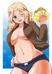  america belt blonde_hair blue_background blue_eyes blue_shorts blush breasts brown_jacket commentary cowboy_shot denim denim_shorts emblem food girls_und_panzer gradient gradient_background hair_intakes hamburger hand_on_hip highres holding holding_food jacket kay_(girls_und_panzer) kumoi_takashi large_breasts long_hair long_sleeves looking_at_viewer military military_uniform no_shirt one_eye_closed open_clothes open_jacket open_mouth saunders_military_uniform short_shorts shorts smile solo standing star starry_background uniform 