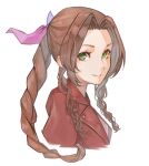  1girl aerith_gainsborough braid braided_ponytail brown_hair chaillustration closed_mouth final_fantasy final_fantasy_vii forehead green_eyes hair_ribbon jacket lips long_hair looking_at_viewer parted_bangs pink_lips pink_ribbon red_jacket ribbon sidelocks simple_background smile solo wavy_hair white_background 