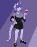 alcohol anklet anthro beverage black_lips bracelet breasts ceratopsian cleavage clothed clothing colored container cup dinosaur dress drinking_glass ear_piercing ear_ring female finger_ring footwear furry-specific_jewelry glass glass_container glass_cup goodbye_volcano_high hair hand_on_hip hi_res high_heels holding_wine_glass horn horn_jewelry jewelry lips long_tail looking_at_viewer narrowed_eyes ornithischian piercing pshy3214 purple_body purple_eyes purple_hair purple_scales reptile ring_piercing scales scalie shoes simple_background smile snoot_game solo standing tail translucent translucent_clothing translucent_dress triceratops trish_(gvh) wine wine_glass