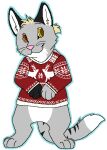 2013 aliasing alpha_channel ambiguous_gender anthro black_ears black_markings blue_outline bluekyokitty bottomless christmas christmas_clothing christmas_sweater christmas_topwear clothed clothing countershade_fur countershading digital_drawing_(artwork) digital_media_(artwork) digitigrade dipstick_tail featureless_crotch flat_colors full-length_portrait fur grey_body grey_fur handpaw heterochromia hindpaw holidays low_res markings orange_eyes outline paws pink_nose portrait red_clothing red_sweater red_topwear sebdoggo semi-anthro simple_background smile solo standing striped_markings striped_tail stripes sweater tail tail_markings topwear transparent_background whiskers white_body white_countershading white_fur white_inner_ear yellow_eyes