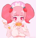  1girl absurdres blunt_bangs breasts candy commentary_request dress food food-themed_hair_ornament hair_ornament hands_up hat heart highres holding holding_candy holding_food holding_lollipop licking lollipop long_hair looking_at_viewer medium_breasts milk_(pop&#039;n_music) noniha nurse nurse_cap open_mouth pink_eyes pink_hair pink_headwear pop&#039;n_music short_sleeves solo strawberry_hair_ornament swirl_lollipop tongue tongue_out twintails upper_body white_background white_dress 