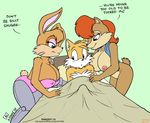  areola big_breasts blue_eyes bottomless breasts brown_hair bunnie_rabbot cleavage clothing erect_nipples erection female green_eyes hair male nipples open_shirt penis red_hair sally_acorn sega shirt sonic_(series) sonic_team tails vkyrie 
