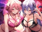  2girls :p black_bra black_horns black_panties black_wings blue_hair blush bra breasts commentary_request demon_girl demon_horns demon_tail demon_wings hair_between_eyes horns large_breasts long_hair looking_at_viewer maeshimashi multiple_girls naughty_face navel original panties pink_bra pink_hair pink_panties purple_eyes red_eyes short_hair tail tongue tongue_out underwear white_horns wings 