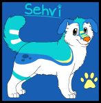 2013 aliasing ambiguous_gender black_border blue_background blue_body blue_eyes blue_fur blue_sclera blue_text bluekyokitty border button_ears canid canine canis character_name digital_drawing_(artwork) digital_media_(artwork) digitigrade domestic_dog feral flat_colors floppy_ears full-length_portrait fur handwritten_text looking_at_viewer male_(lore) mammal markings model_sheet multicolored_eyes orange_eyes orange_nose orange_tongue paws portrait raised_tail sebdoggo sehvi_(sebdoggo) simple_background smile snout solo spots spotted_markings standing striped_markings stripes tail text tongue two_tone_eyes white_body white_fur white_inner_ear yellow_markings young_(lore)