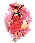 2023 abstract_background black_hair bow_ribbon bracelet breasts brown_inner_ear brown_nose cleavage clothed clothing digital_drawing_(artwork) digital_media_(artwork) digitigrade dress eevee full-length_portrait fully_clothed fur generation_1_pokemon hair hat headgear headwear hi_res hindpaw jewelry looking_at_viewer necklace nintendo on_one_leg pawpads paws pentagram pink_pawpads pokemon pokemon_(species) portrait red_clothing red_dress red_eyes red_hat red_headwear shaded signature simple_shading smile snout spiked_bracelet spikes standing sun_hat tail tan_body tan_fur