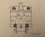 2023 anthro black_eyes chassis circle_eyes creepy_smile dated duck_(thomas_and_friends) eyebrows happy hi_res living_machine living_train living_vehicle locomotive looking_aside ludicrouslorry machine male mattel monochrome no_shading not_furry pencil_sketch sentient simple_background sketch smile solo steam_locomotive thomas_and_friends train vehicle wheels white_background